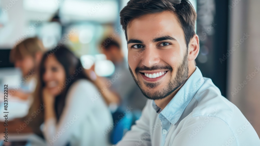 A young man with a beard is smiling at the camera in an office environment with colleagues working in the background A young man with a beard is smiling at the camera in an office environment with colleagues working in the background