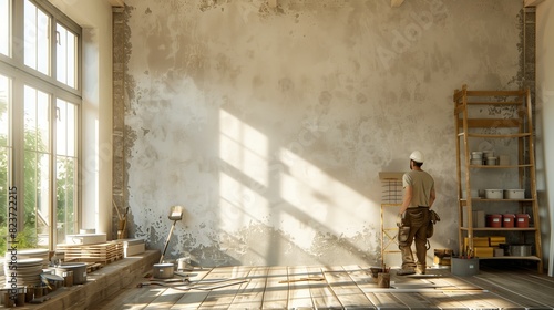 A man is actively painting a wall using a paint roller, covering the surface with a fresh coat of paint. photo