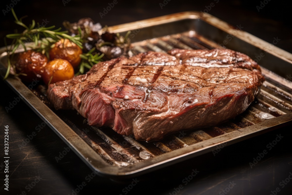 Delicious medium rare ribeye steak on a plastic tray against a rusted iron background Delicious medium rare ribeye steak on a plastic tray against a rusted iron background