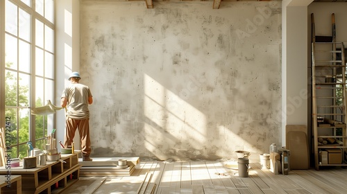 A man is actively painting a wall using a paint roller, covering the surface with a fresh coat of paint. photo