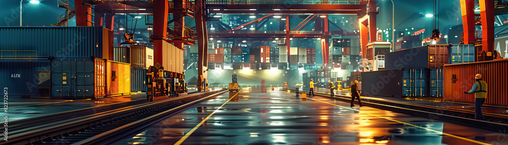 Shipping and Logistics Floor: Displaying shipping containers, conveyor belts, loading docks, and workers managing shipments