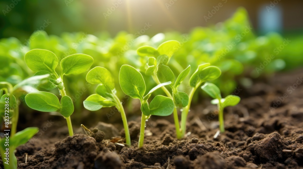 Fresh Young Pea Plants Sprouting in Fertile Soil. Arbor Day Fresh Young Pea Plants Sprouting in Fertile Soil. Arbor Day