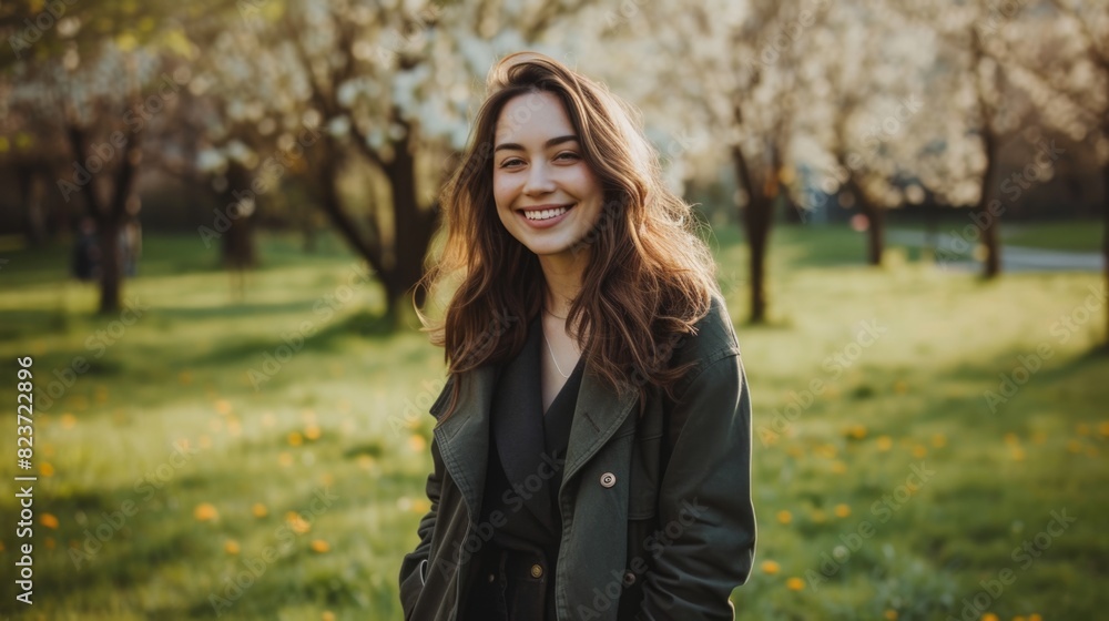 Young woman smiling in a spring setting with blooming cherry blossoms. Young woman smiling in a spring setting with blooming cherry blossoms.