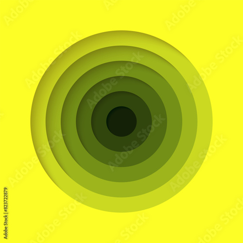 3D background with paper cut bright yellow and olive color round holes. Realistic design layout for presentation, flyer, poster, banner, business card. Geometric vector illustration.
