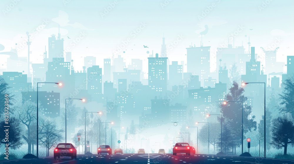 Urban cityscape in winter with fog and cars on the road, featuring tall skyscrapers and city lights blending into the mist. Urban cityscape in winter with fog and cars on the road, featuring tall skyscrapers and city lights blending into the mist.