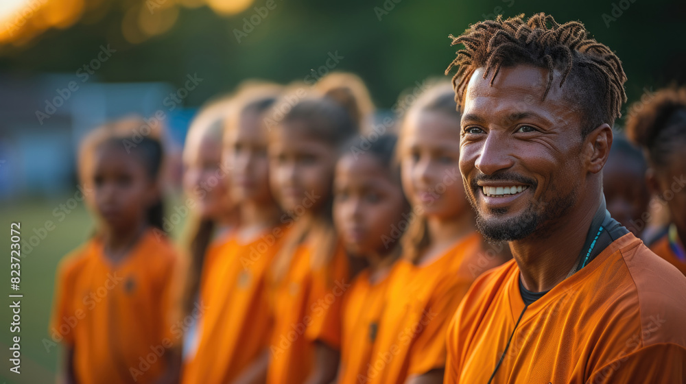 Smiling Soccer Coach with Youth Team at Sunset Smiling Soccer Coach with Youth Team at Sunset