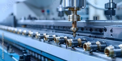 CNC lathe machine producing brass screw connectors with high precision. Concept CNC Lathe Machine, Brass Screw Connectors, High Precision, Manufacturing Process