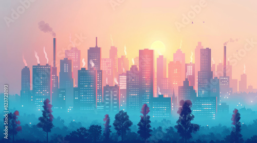 Vibrant cityscape at sunrise with glowing buildings  misty ambiance  and soft pastel colors blending into the sky.