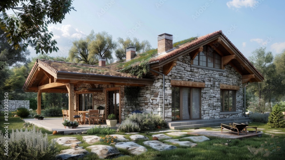 Ecological passive house with a country design, which evokes the tranquility and serenity of life in the countryside. generative ai Ecological passive house with a country design, which evokes the tranquility and serenity of life in the countryside. generative ai