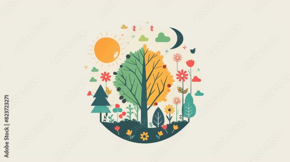 Whimsical illustration of nature with diverse trees, flowers, sun, moon, and clouds creating a harmonious, colorful scenery. Whimsical illustration of nature with diverse trees, flowers, sun, moon, and clouds creating a harmonious, colorful scenery.
