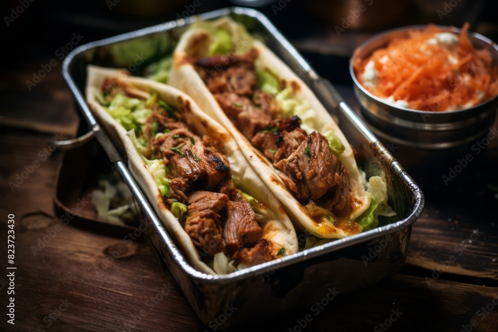 Delicious doner kebab in a bento box against a rusted iron background Delicious doner kebab in a bento box against a rusted iron background