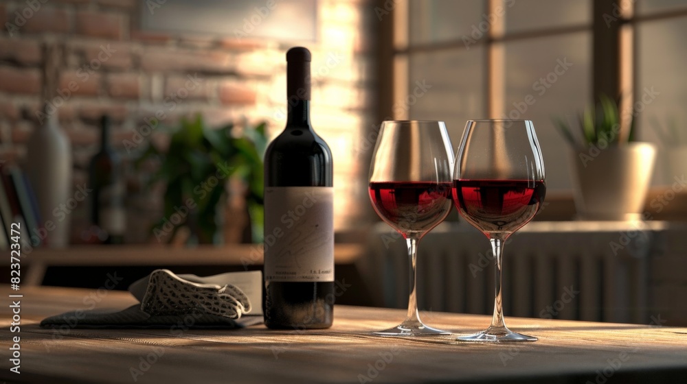 A bottle of red wine and two glasses on a wooden table.