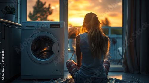 A young woman sits on the floor in front of a washing machine, mesmerized by its spin cycle. 