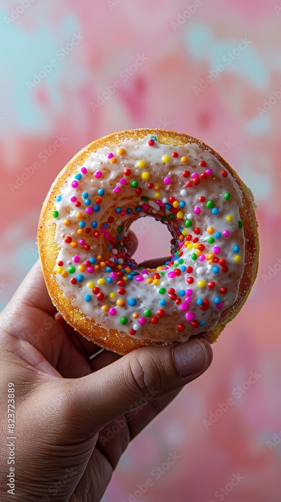 A hand holding a delicious donut with white frosting and colorful sprinkles against a pink background.