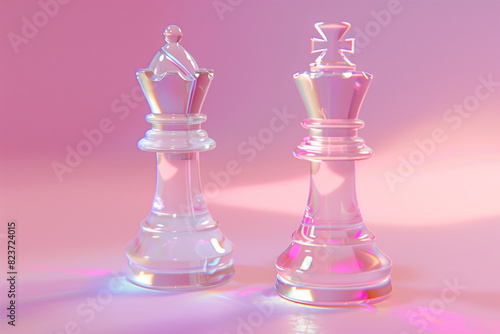 Holographic chess on a pink background.Chess game figurine. Chess pieces. Board games. Strategy games. Business strategy. 3d illustration, 3d rendering