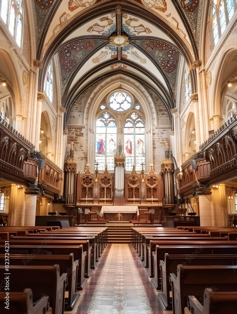 Fototapeta premium Majestic Interior of Historic Cathedral with Ornate Gothic Architecture and Stained Glass Windows