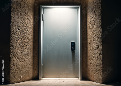 stainless steel door is closed in a dark room with stone walls photo
