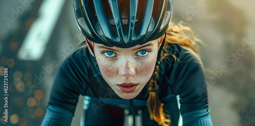 Determined Cyclist With Freckles And Helmet Riding On Road, Autumn Evening, Focused Expression, Close-Up View, Autumn Colors, Sporty Attire, Highlighted Freckles, Intense Blue Eyes