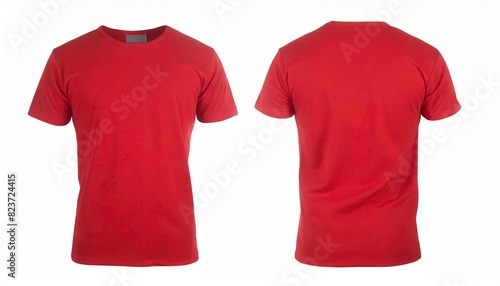 Red t shirt front and back view, isolated on white background. Ready for your mock up design template photo