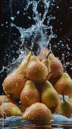 A pile of pears with water droplets on them.