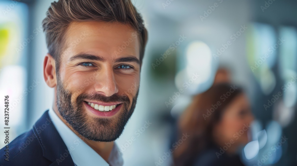 Confident young male professional is smiling in a business environment, exuding charisma and self-assurance Confident young male professional is smiling in a business environment, exuding charisma and self-assurance