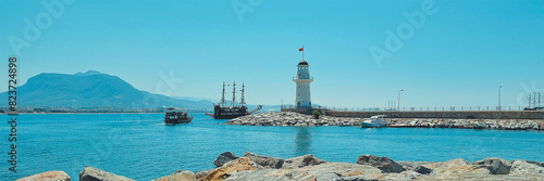 Banner of beautiful view of the sea, lighthouse and mountains. Alanya Turkey.soft focus.