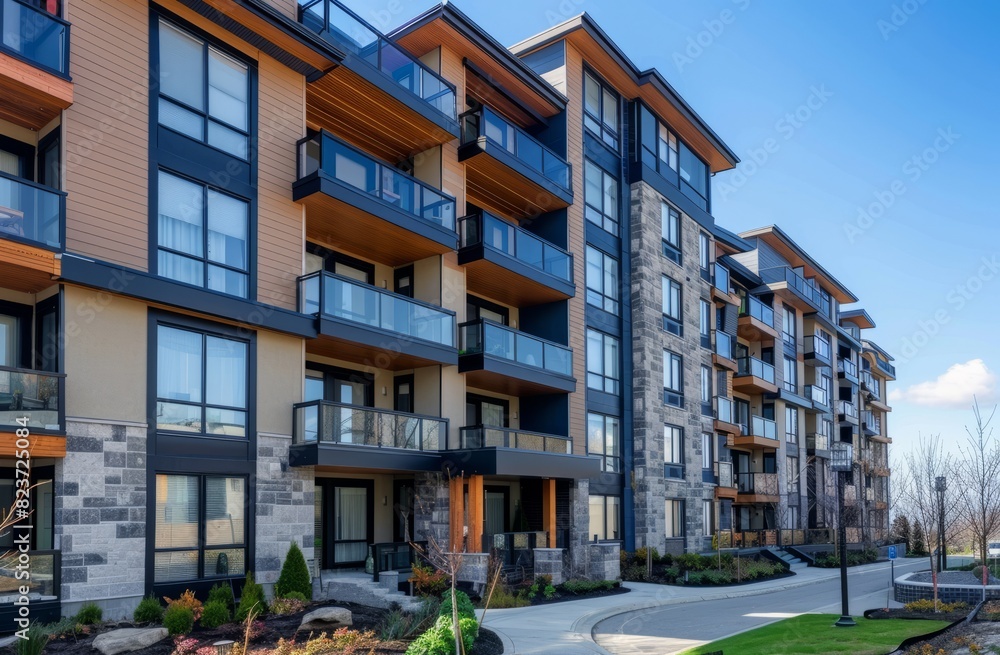 A photo of an apartment building from the outside, featuring beige walls with dark blue accents and wooden details on the balconies A photo of an apartment building from the outside, featuring beige walls with dark blue accents and wooden details on the balconies