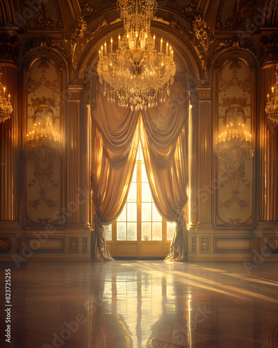 A large room with a chandelier and gold curtains. The room is empty and the curtains are open, letting in sunlight. The room has a grand and elegant feel to it photo