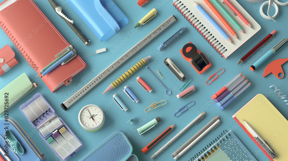 Assorted School Supplies Arranged on Blue Surface Assorted School Supplies Arranged on Blue Surface