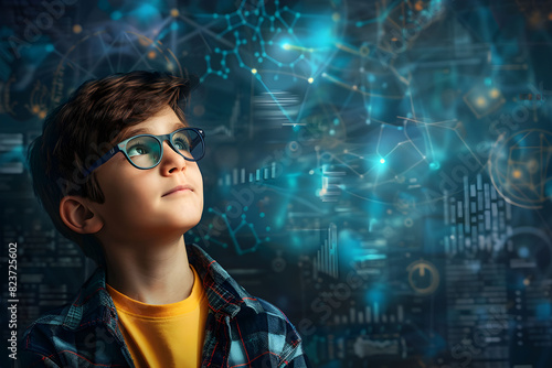 A boy with glasses looks up and solves a scientific problem. Blurred background with copy space. Education concept