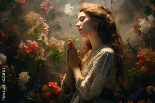 Tranquil young lady with clasped hands in prayer amidst a dreamy flower backdrop