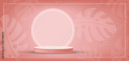 Pink background with Cylinder podium for subject or inscription. Abstract scene with tropical leaves. Gradient blurred background with copy space. Product presentation podium or platform.