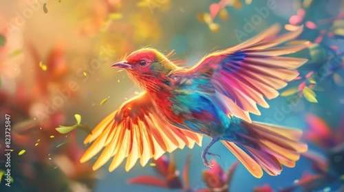 A digitally created image featuring a bird with iridescent feathers flying among colorful leaves and light flares