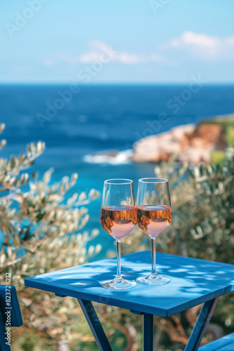 Rose wine in glasses on a table overlooking the sea.