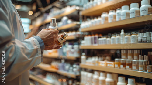 Pharmacist advises customers in the pharmacy  offers body care cosmetics