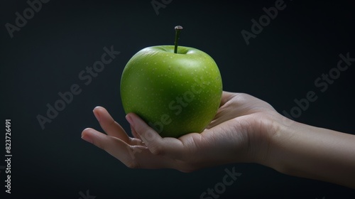 A hand holding a green apple in front of a dark background photo