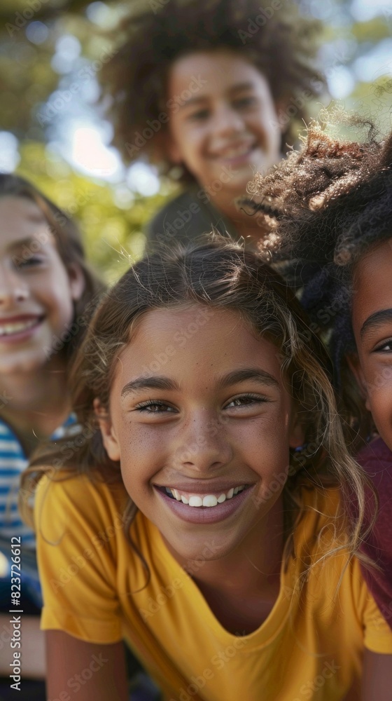 A group of children are smiling and posing for a picture A group of children are smiling and posing for a picture