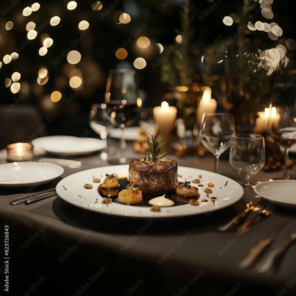 Naklejka premium fine dining table dining expensive, chef table, golden hour, steak, wagyu, angus, sirloin