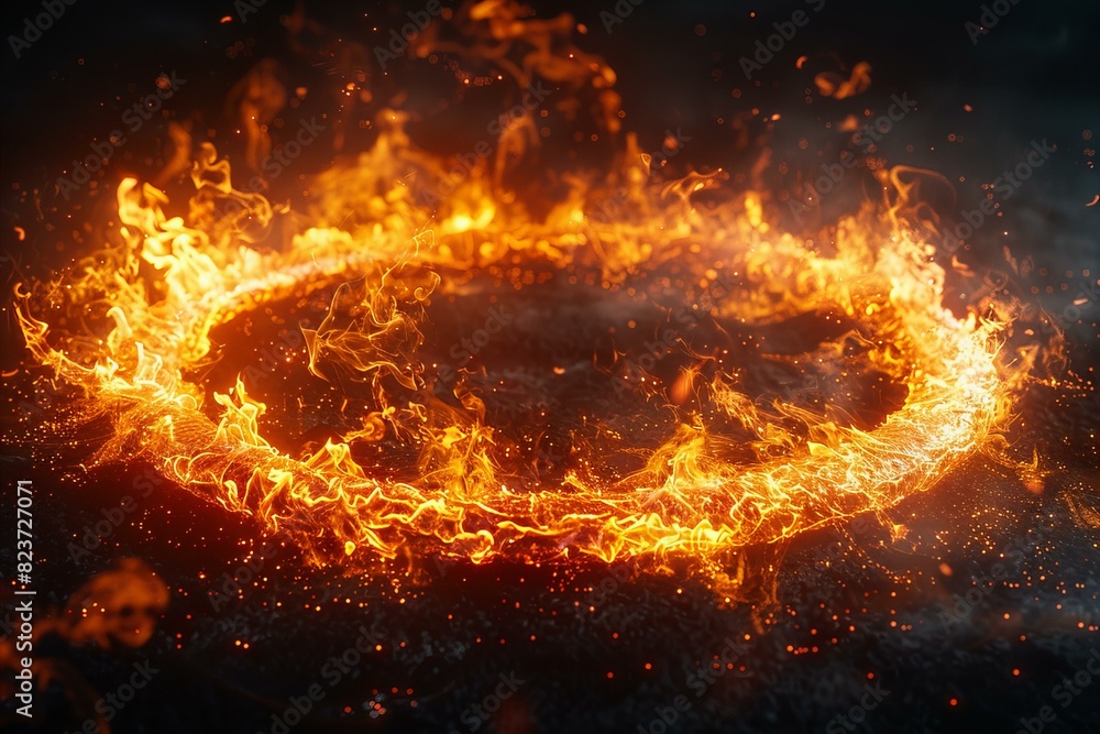 Digital image of  circular fire and flame circle on black background