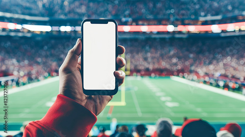 A man's hand holds a smartphone with a blank screen in a crowded sports football stadium, the layout is suitable for demonstrating sports betting applications or interacting on social networks. photo