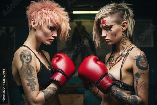 Two tattooed women in a gritty gym, poised with boxing gloves, exuding strength and determination © juliars