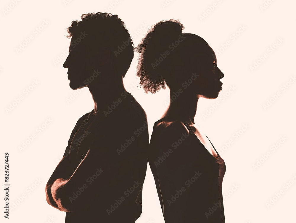 silhouette of a mid-30s hispanic man and black woman standing directly back to back silhouette of a mid-30s hispanic man and black woman standing directly back to back