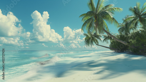 Tropical beach with palm trees on white sand by a calm sea and blue sky with clouds  creating a paradise and serene atmosphere  concepts of vacation  relaxation  and summer holiday  with copy space