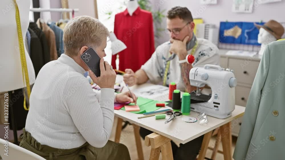 Two tailors, one on phone, work together in a design atelier, surrounded by fabric, a sewing machine, and fashion sketches. Two tailors, one on phone, work together in a design atelier, surrounded by fabric, a sewing machine, and fashion sketches.