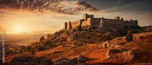 Ancient Castle on a Sunlit Hill: A Scenic Evening View photo