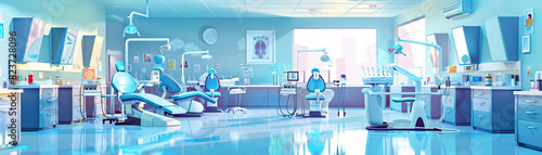 Dental Clinic Floor: Featuring dental chairs, equipment trays, x-ray machines, and dentists and hygienists attending to patients photo