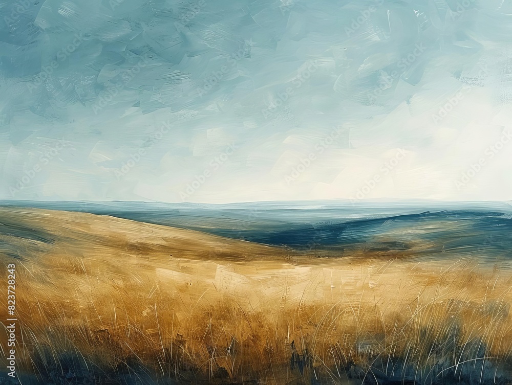 Obraz premium A beautiful abstract landscape painting showcasing golden fields under a blue, serene sky. The soothing tones evoke a sense of calm and peace.