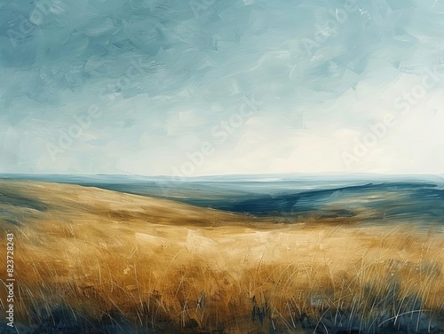 A beautiful abstract landscape painting showcasing golden fields under a blue, serene sky. The soothing tones evoke a sense of calm and peace.