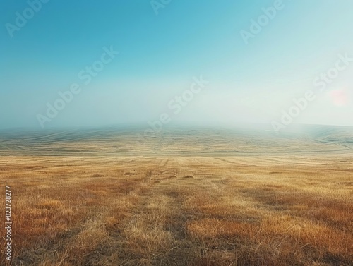 A serene landscape of a vast open field with golden grass under a clear blue sky, perfect for nature and travel themes.