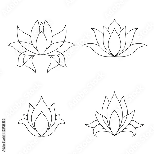 Set of lotus mehndi flower pattern for Henna drawing and tattoo. Decoration in oriental, Indian style. Doodle ornament. Outline hand draw vector illustration.